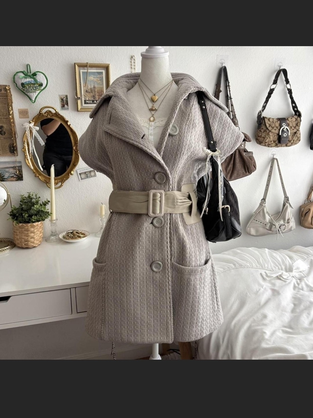 Mackage Hooded Textured Trench Coat in Light Taupe with Wide Belt